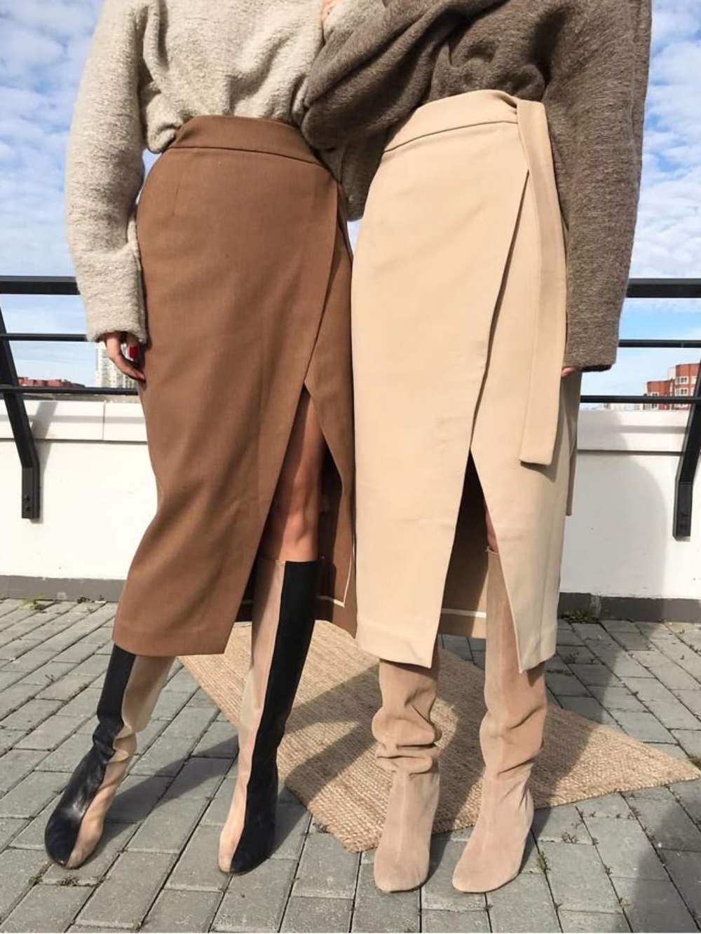 USHATAVA High-Waist Wrap Midi Skirt - Camel Brown